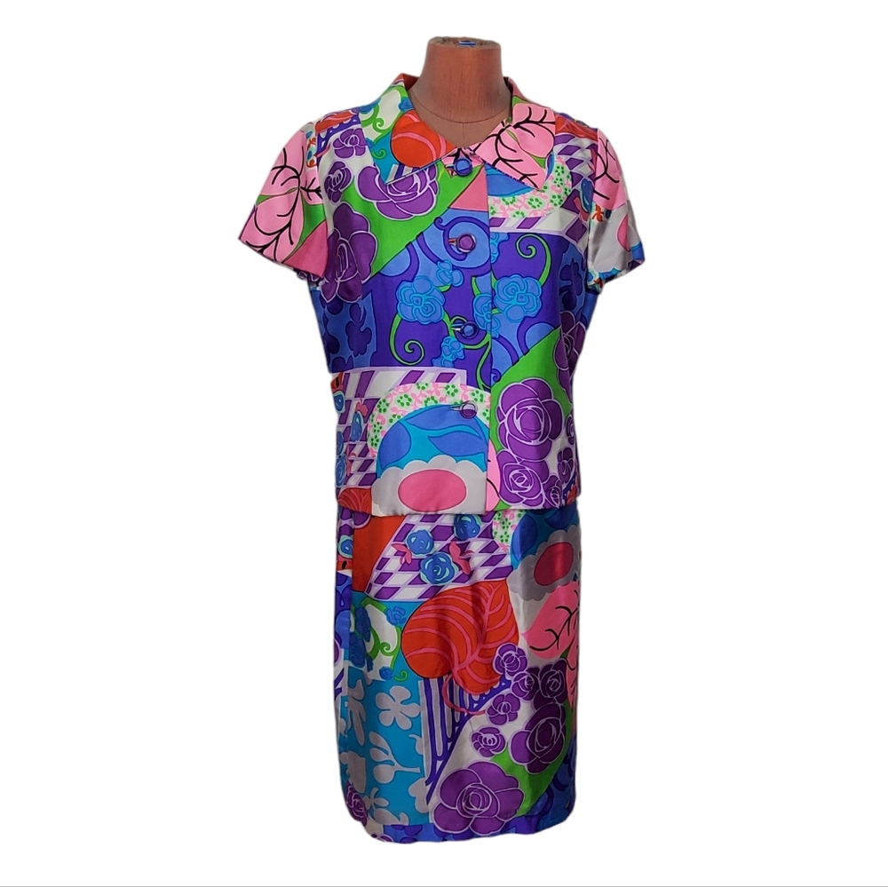 Vintage 1960s B.H. WRAGGE Psychedelic Mod Pop Art Print Skirt Set Suit Sz S